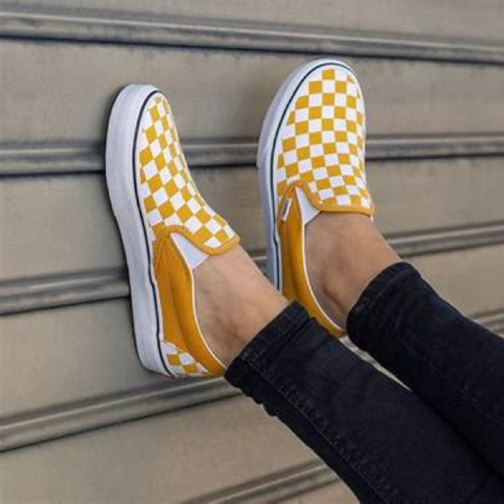 Vans yellow checkered slip on
